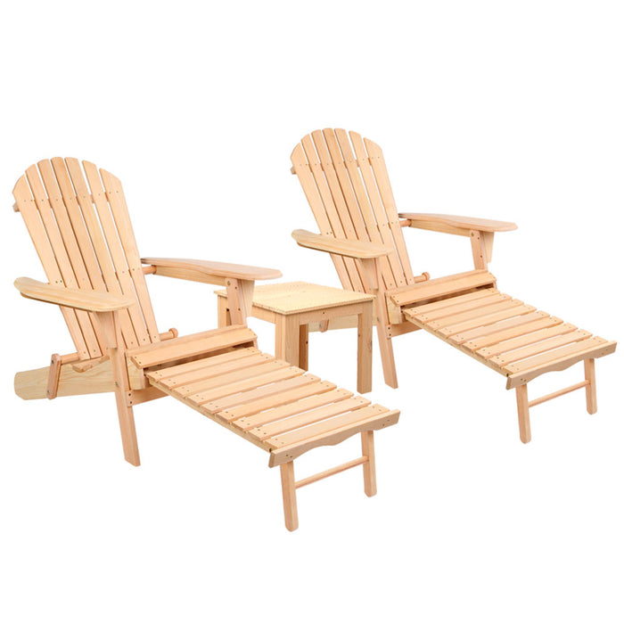 3PC Adirondack Outdoor Table and Chairs? Wooden Sun Lounge Beach Patio Natural