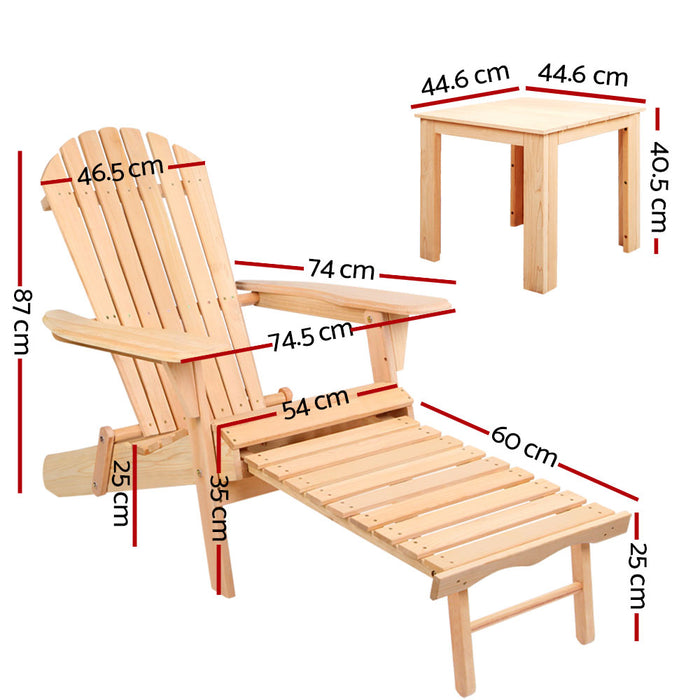 3PC Adirondack Outdoor Table and Chairs? Wooden Sun Lounge Beach Patio Natural