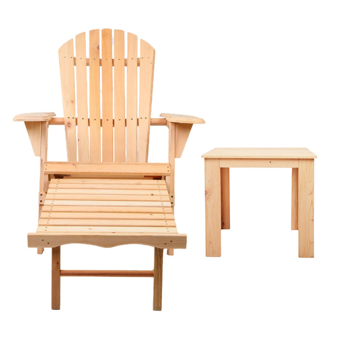 3PC Adirondack Outdoor Table and Chairs? Wooden Sun Lounge Beach Patio Natural