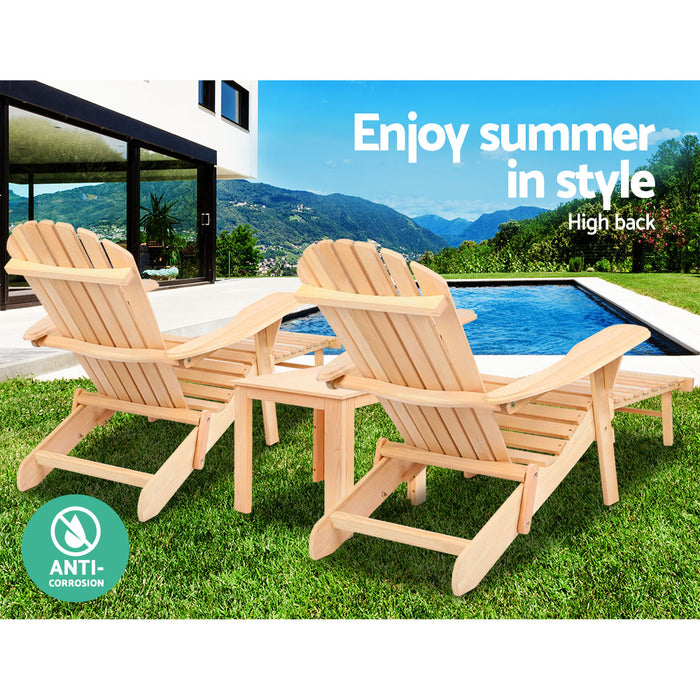 3PC Adirondack Outdoor Table and Chairs? Wooden Sun Lounge Beach Patio Natural