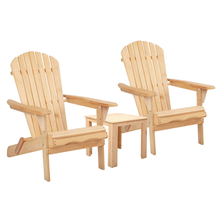 3PC Adirondack Outdoor Table and Chairs Wooden Foldable Beach Chair Natural