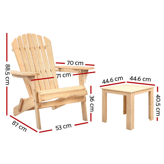 3PC Adirondack Outdoor Table and Chairs Wooden Foldable Beach Chair Natural