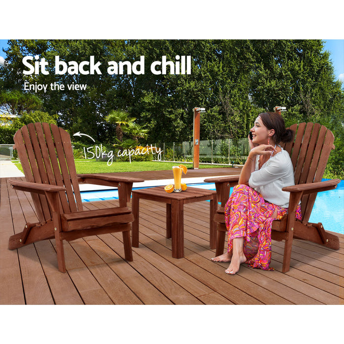 3PC Adirondack Outdoor Table and Chairs Wooden Foldable Beach Chair Brown