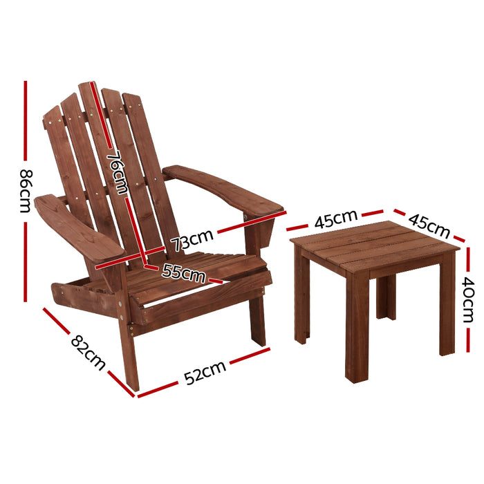 3PC Adirondack Outdoor Table and Chairs Wooden Beach Chair Brown