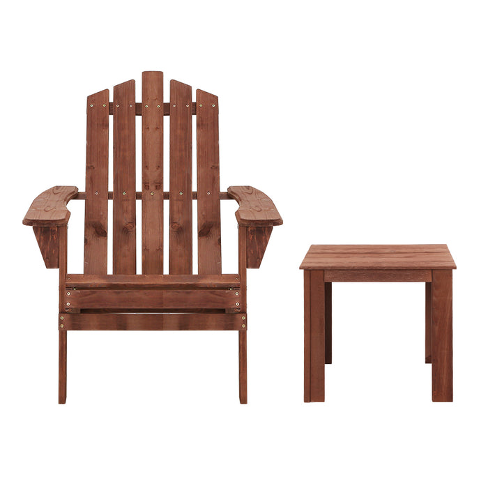 3PC Adirondack Outdoor Table and Chairs Wooden Beach Chair Brown