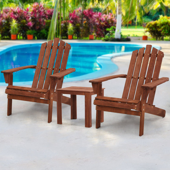 3PC Adirondack Outdoor Table and Chairs Wooden Beach Chair Brown