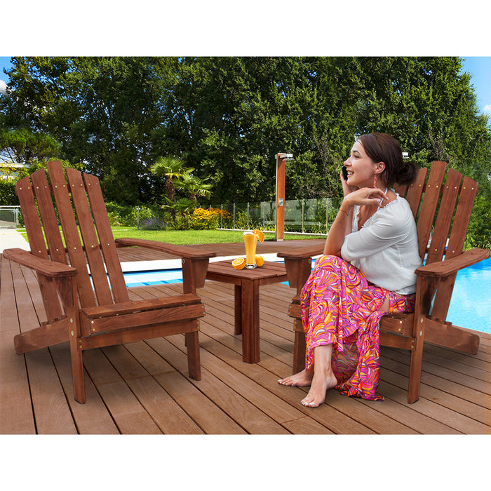 3PC Adirondack Outdoor Table and Chairs Wooden Beach Chair Brown