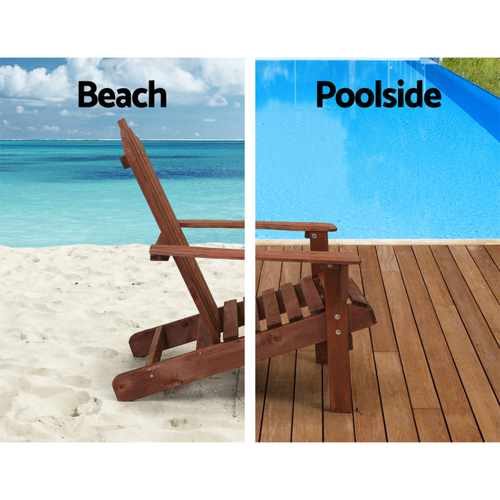 3PC Adirondack Outdoor Table and Chairs Wooden Beach Chair Brown