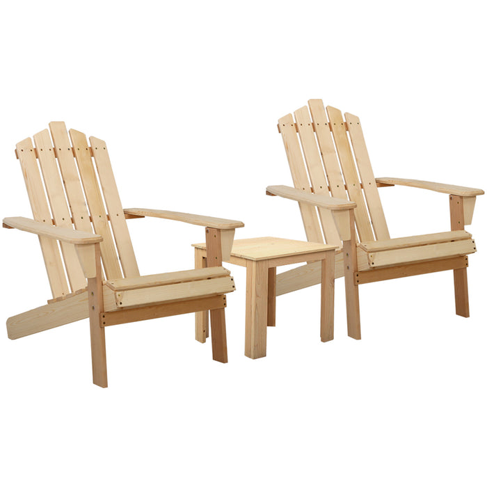 3PC Adirondack Outdoor Table and Chairs Wooden Beach Chair Natural