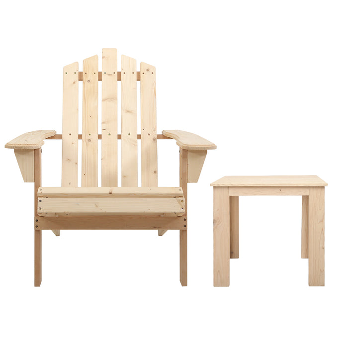 3PC Adirondack Outdoor Table and Chairs Wooden Beach Chair Natural