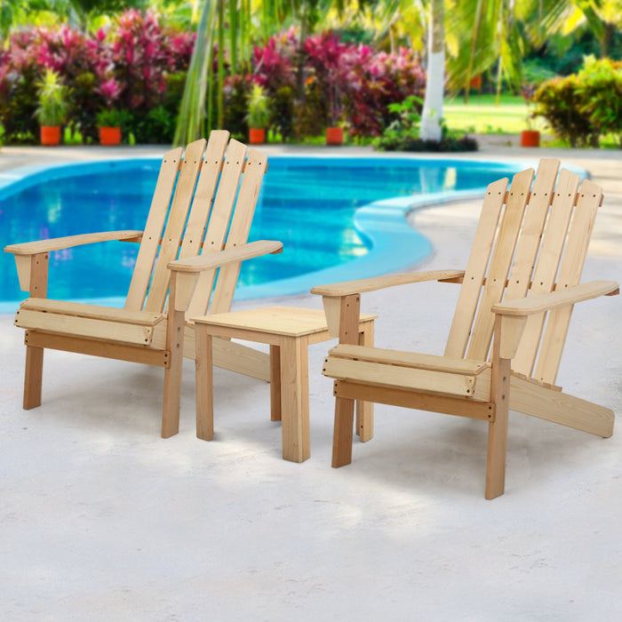 3PC Adirondack Outdoor Table and Chairs Wooden Beach Chair Natural