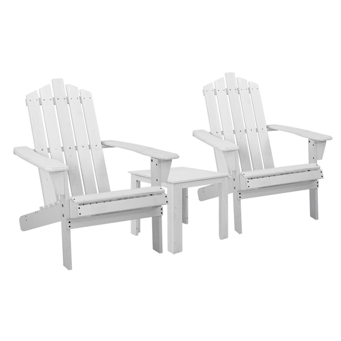 3PC Adirondack Outdoor Table and Chairs Wooden Beach Chair White