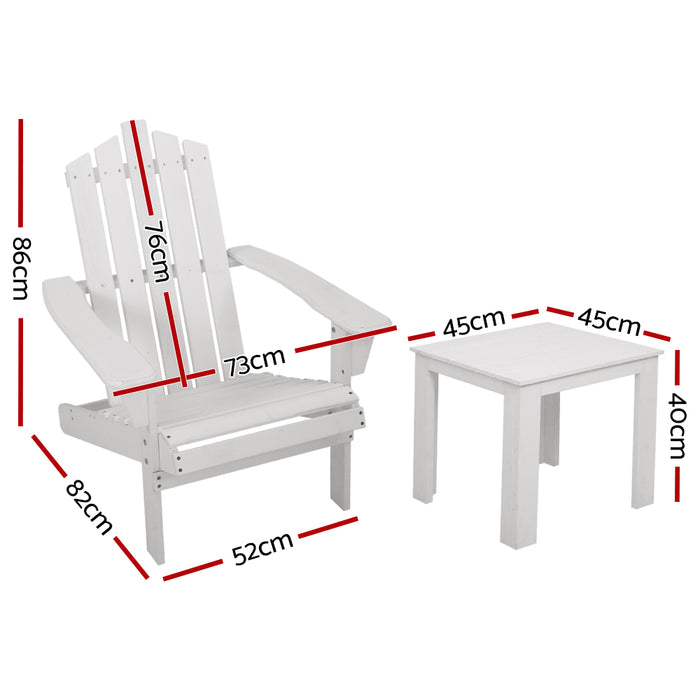 3PC Adirondack Outdoor Table and Chairs Wooden Beach Chair White