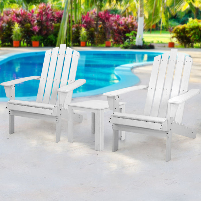 3PC Adirondack Outdoor Table and Chairs Wooden Beach Chair White