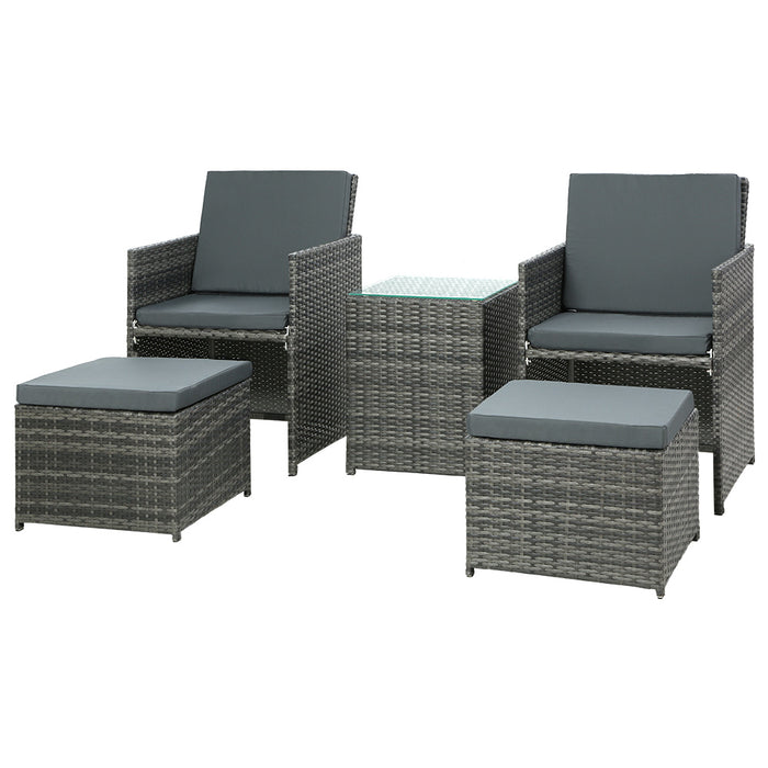 5PC Bistro Set Wicker Table and Chairs Ottoman Outdoor Furniture Grey