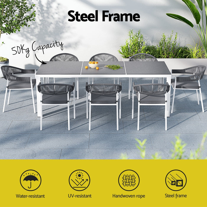 Outdoor Dining Set 9 Piece Steel Table Chairs Setting White