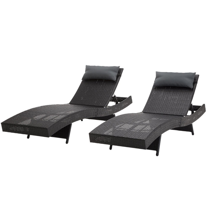 2PC Sun Lounge Wicker Lounger Outdoor Furniture Beach Chair Garden Adjustable Black