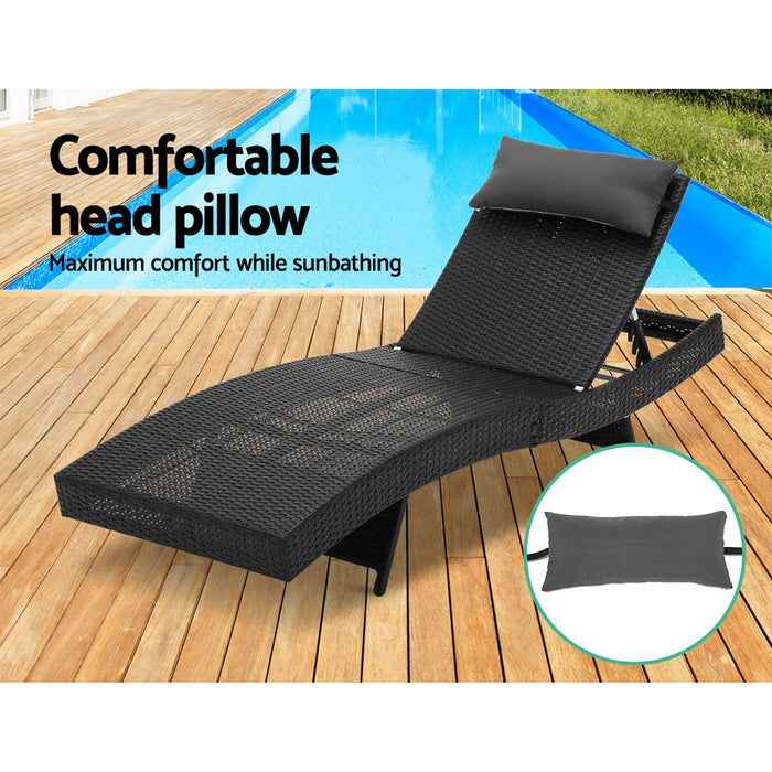 2PC Sun Lounge Wicker Lounger Outdoor Furniture Beach Chair Garden Adjustable Black