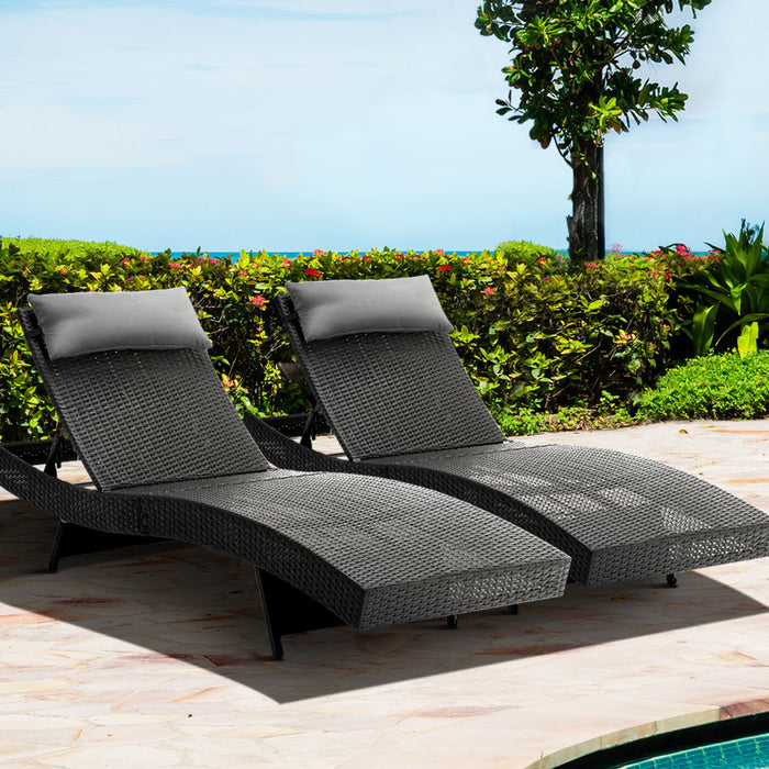 2PC Sun Lounge Wicker Lounger Outdoor Furniture Beach Chair Garden Adjustable Black