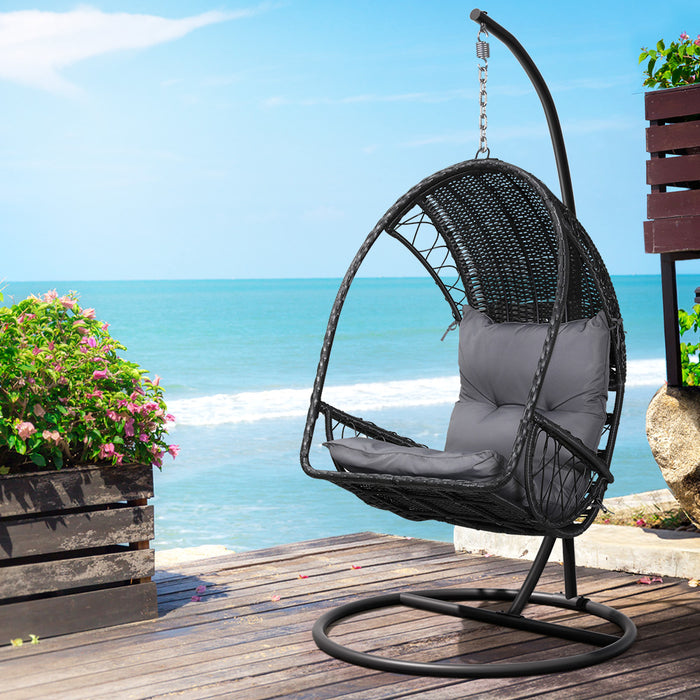 Outdoor Egg Swing Chair Wicker Furniture Pod Stand Armrest Black