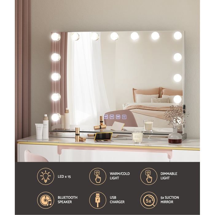 Bluetooth Makeup Mirror 58X46cm Hollywood with Light Dimmable 15 LED