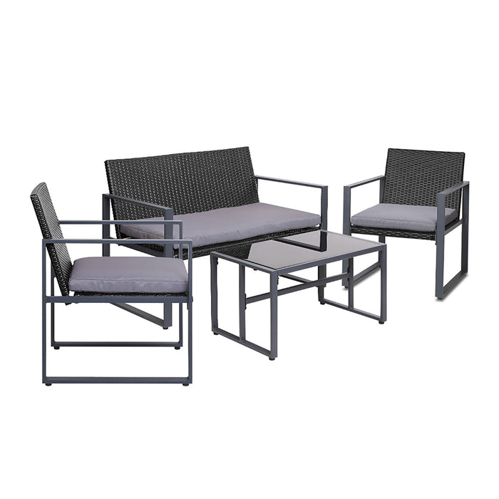 4 PCS Outdoor Sofa Set Rattan Furniture Glass Top Table Chairs Black