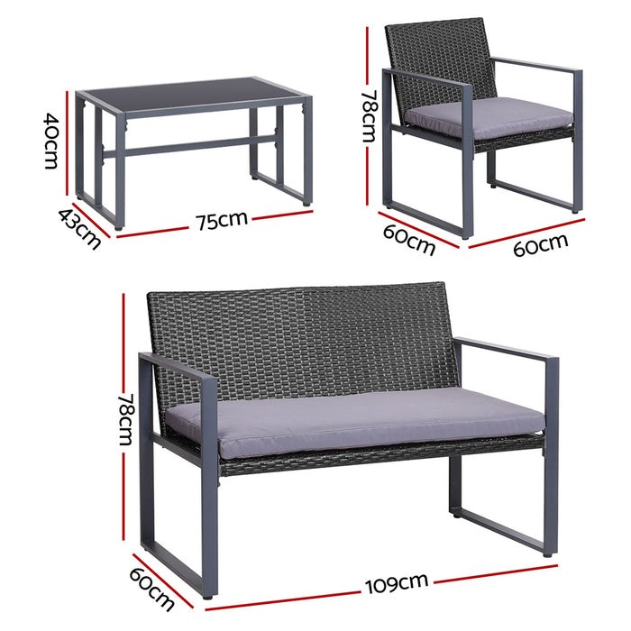 4 PCS Outdoor Sofa Set Rattan Furniture Glass Top Table Chairs Black