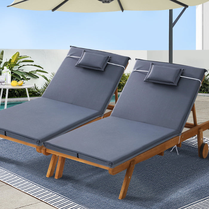 2x Sun Lounge Wooden Lounger Outdoor Furniture Day Bed Wheel Patio Grey