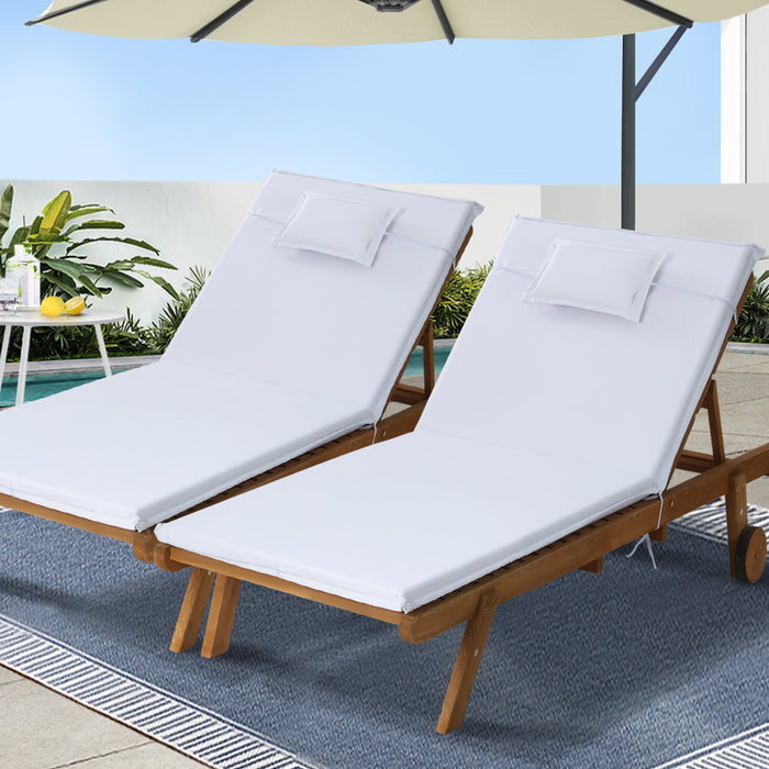 2x Sun Lounge Wooden Lounger Outdoor Furniture Day Bed Wheel Patio White