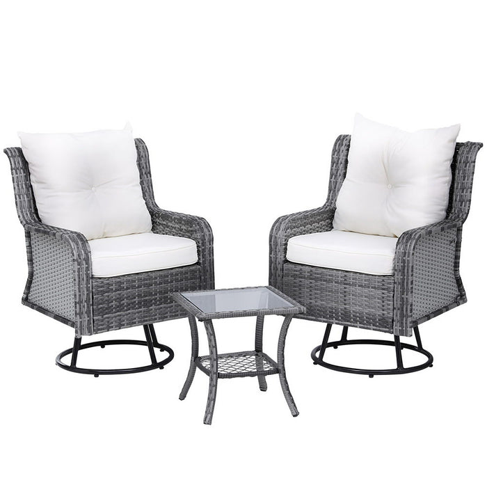 3PC Outdoor Furniture Bistro Set Lounge Wicker Swivel Chairs Table Cushion Grey