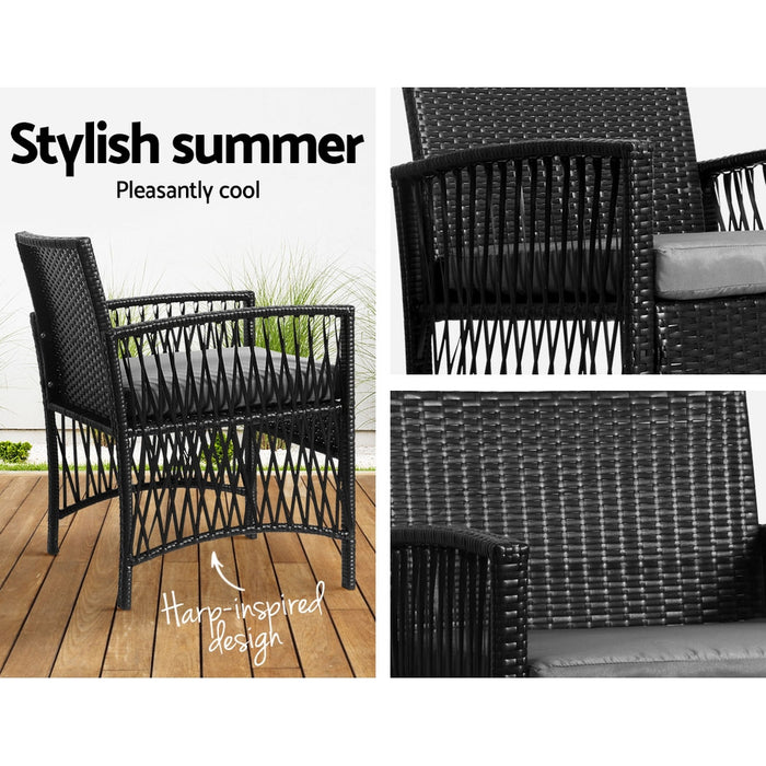 3PC Outdoor Bistro Set Patio Furniture Wicker Dining Chairs Table Cushion Black