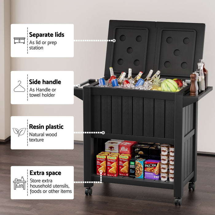 Outdoor Storage Cabinet Box 80L Ice Bucket Cooler Rolling Serving Cart Kitchen Trolley