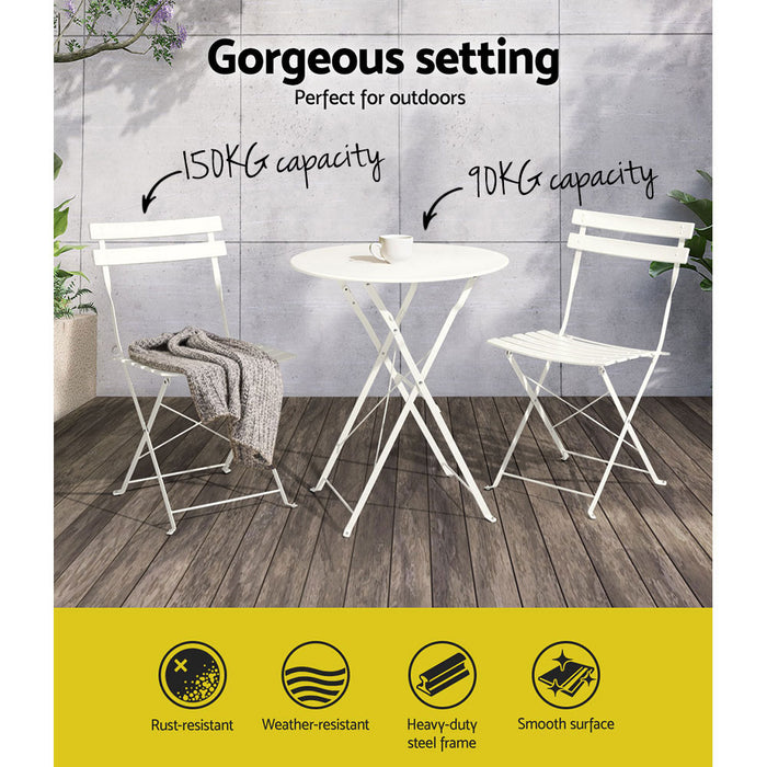 3PC Outdoor Bistro Set Steel Table and Chairs Patio Furniture White