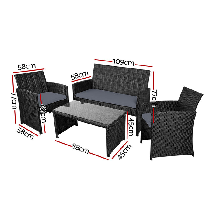 4 PCS Outdoor Sofa Set with Storage Cover Rattan Chair Furniture Black