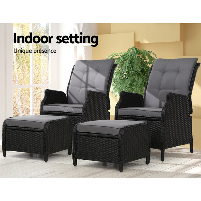 2PC Recliner Chair Sun lounge Wicker Lounger Outdoor Furniture Adjustable Black