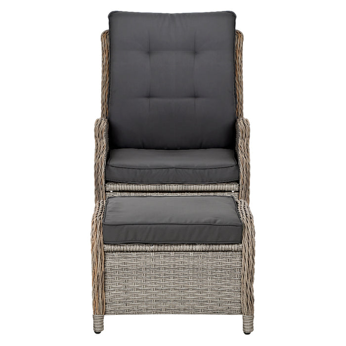 2PC Recliner Chair Sun lounge Wicker Lounger Outdoor Furniture Adjustable Grey