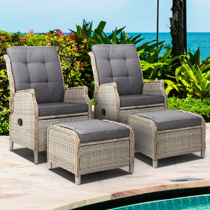 2PC Recliner Chair Sun lounge Wicker Lounger Outdoor Furniture Adjustable Grey