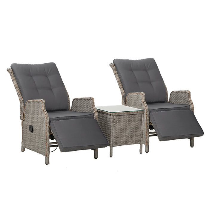 3PC Recliner Chairs Table Sun lounge Outdoor Furniture Wicker Adjustable Grey