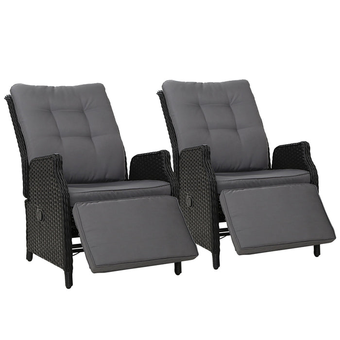 2PC Recliner Chairs Sun lounge Wicker Lounger Outdoor Furniture Adjustable Black