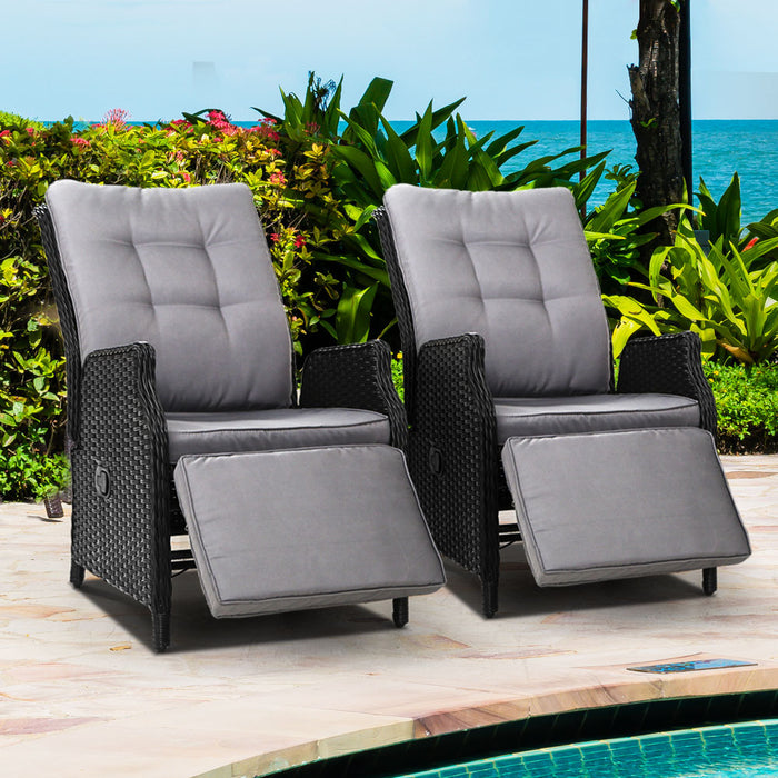 2PC Recliner Chairs Sun lounge Wicker Lounger Outdoor Furniture Adjustable Black