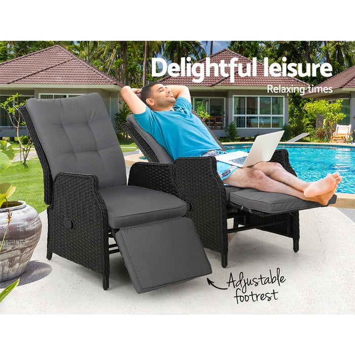 2PC Recliner Chairs Sun lounge Wicker Lounger Outdoor Furniture Adjustable Black