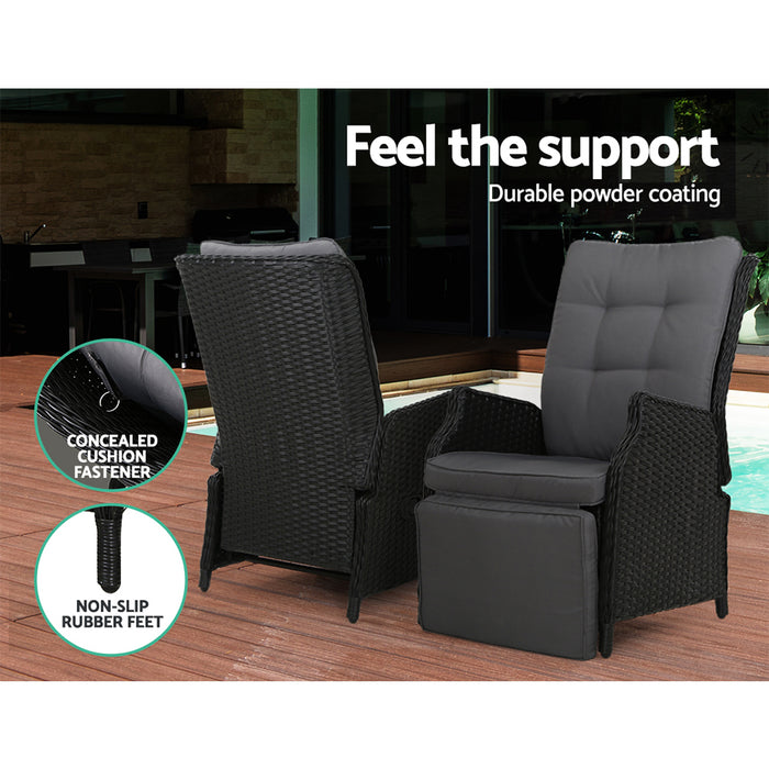 2PC Recliner Chairs Sun lounge Wicker Lounger Outdoor Furniture Adjustable Black