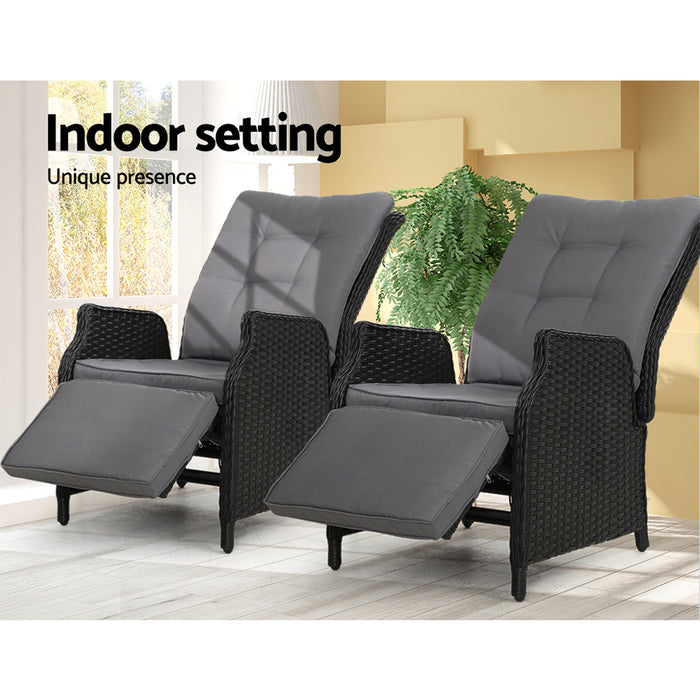 2PC Recliner Chairs Sun lounge Wicker Lounger Outdoor Furniture Adjustable Black