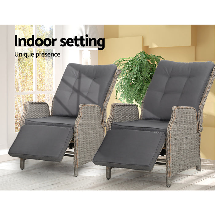 2PC Recliner Chairs Sun lounge Wicker Lounger Outdoor Furniture Adjustable Grey