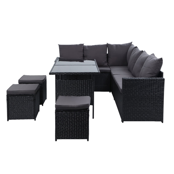 Outdoor Dining Set Sofa Lounge Setting Chairs Table Ottoman Black Cover