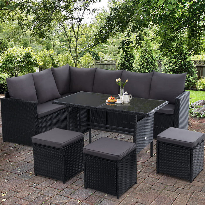 Outdoor Dining Set Sofa Lounge Setting Chairs Table Ottoman Black Cover