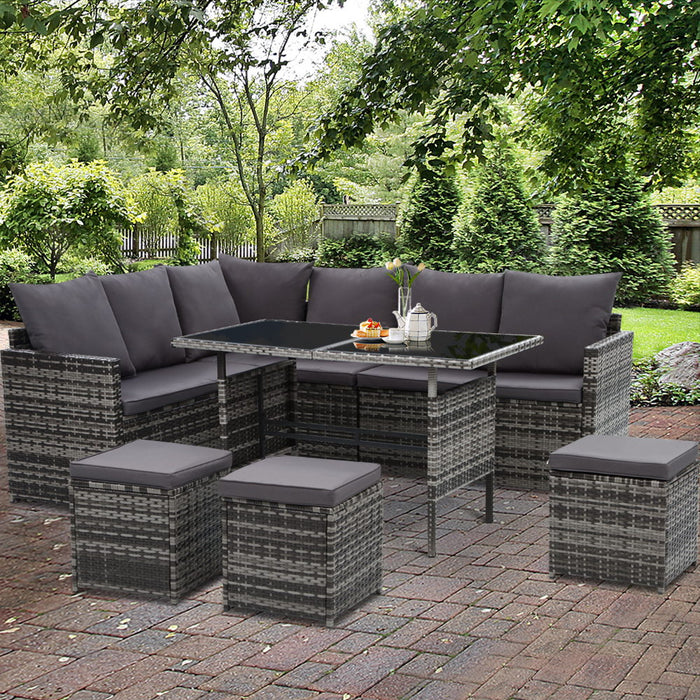 Outdoor Dining Set Sofa Lounge Setting Chairs Table Ottoman Grey Cover